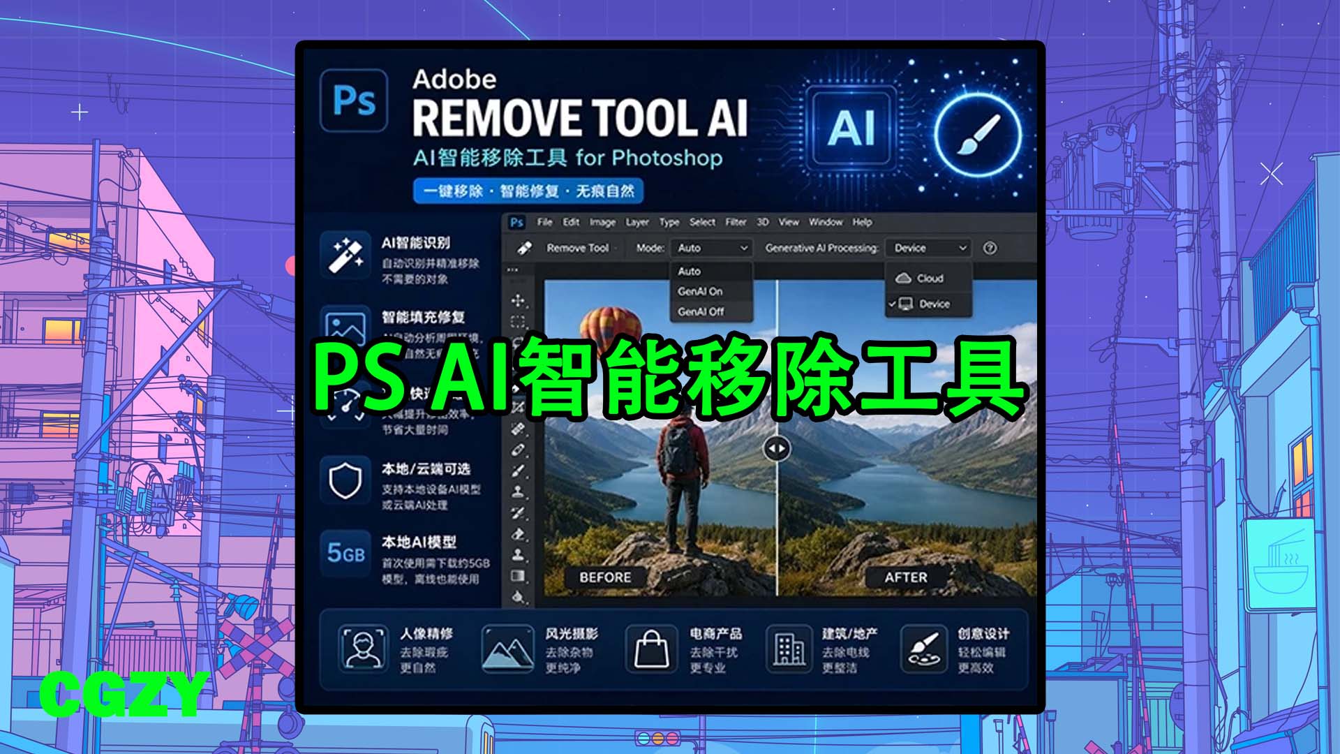 PS/Photoshop AI智能移除工具插件 Adobe Remove Tool AI v27.7 Win 一键无痕删除物体智能修图
